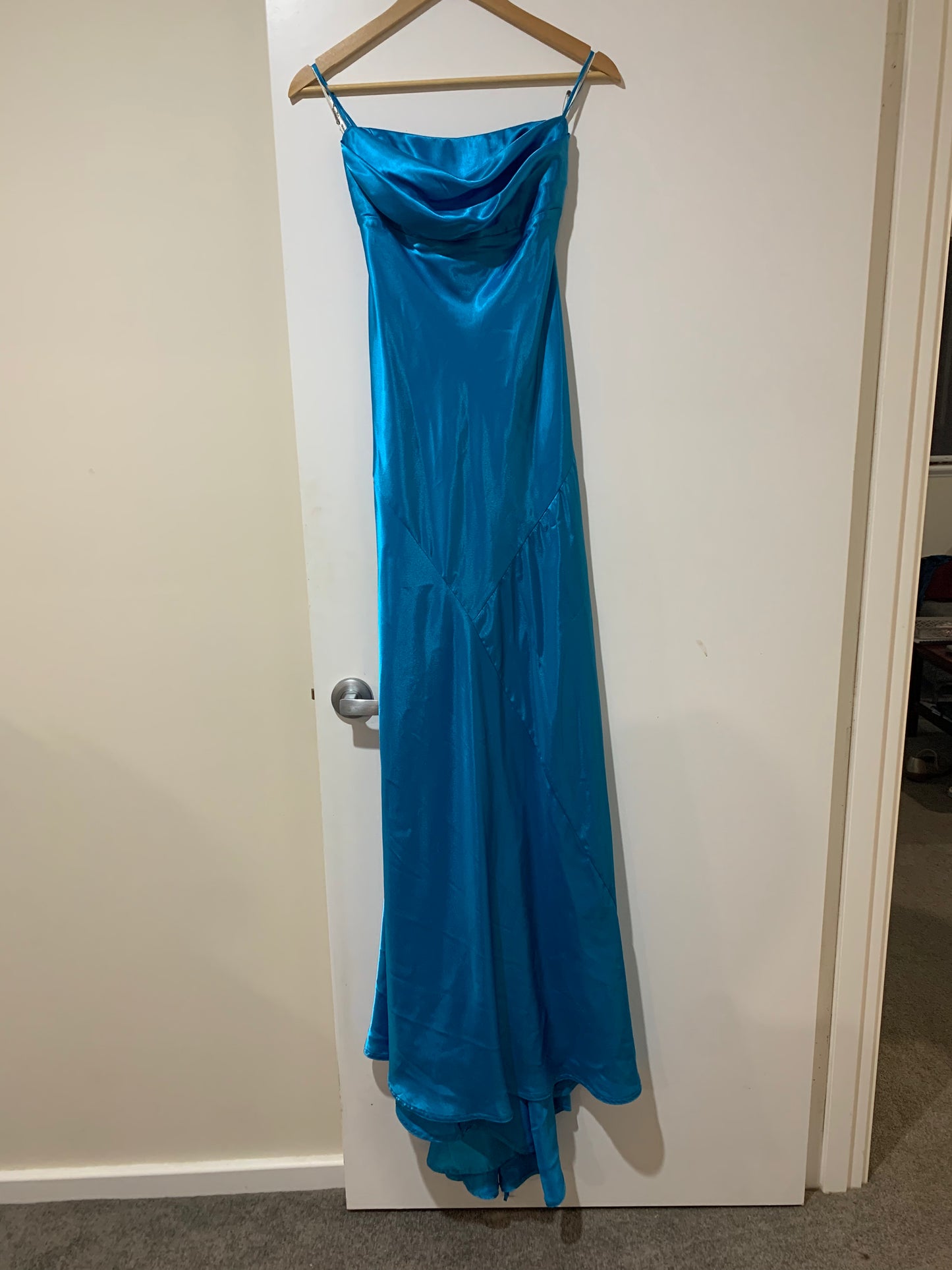 Intangible cowl neck turquoise gown