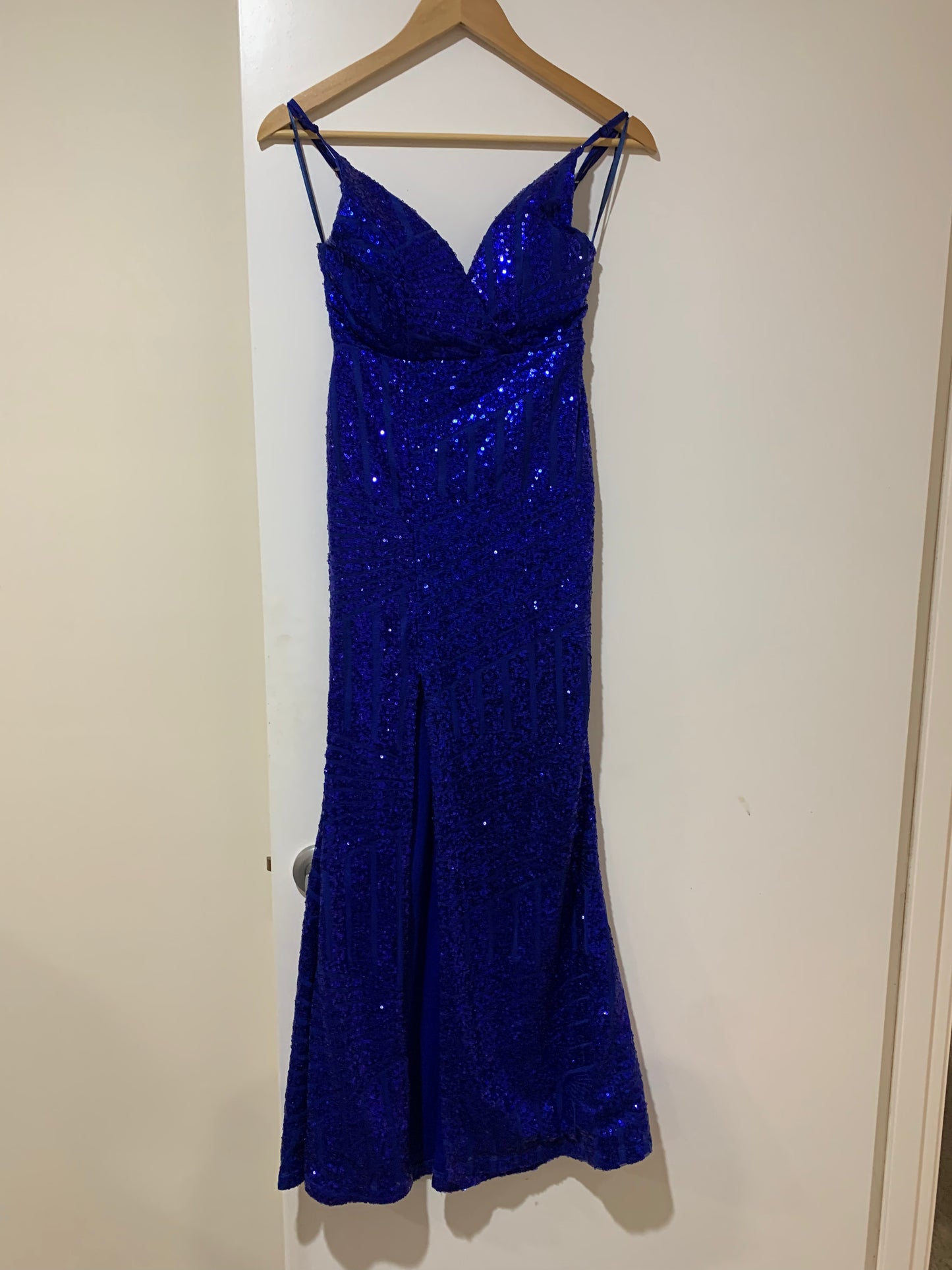 Blue sequin vneck gown
