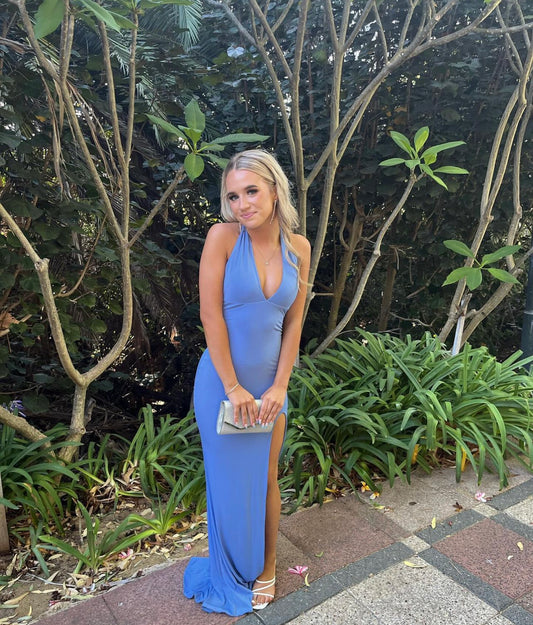 Nookie Illegal Side Split Halter Gown Blue