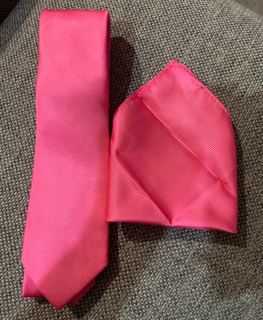 No brand tie and pocket square hot pink