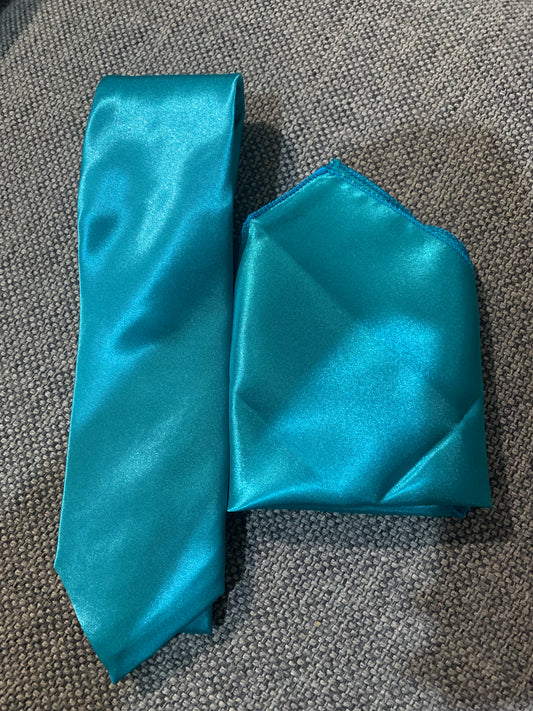 No brand tie and pocket square teal