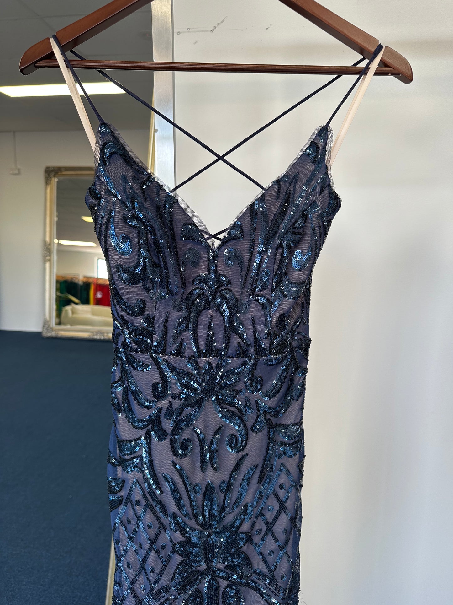 bariano blue sequin dress Bariano Nahdia Beaded Sequin Gown in Blue